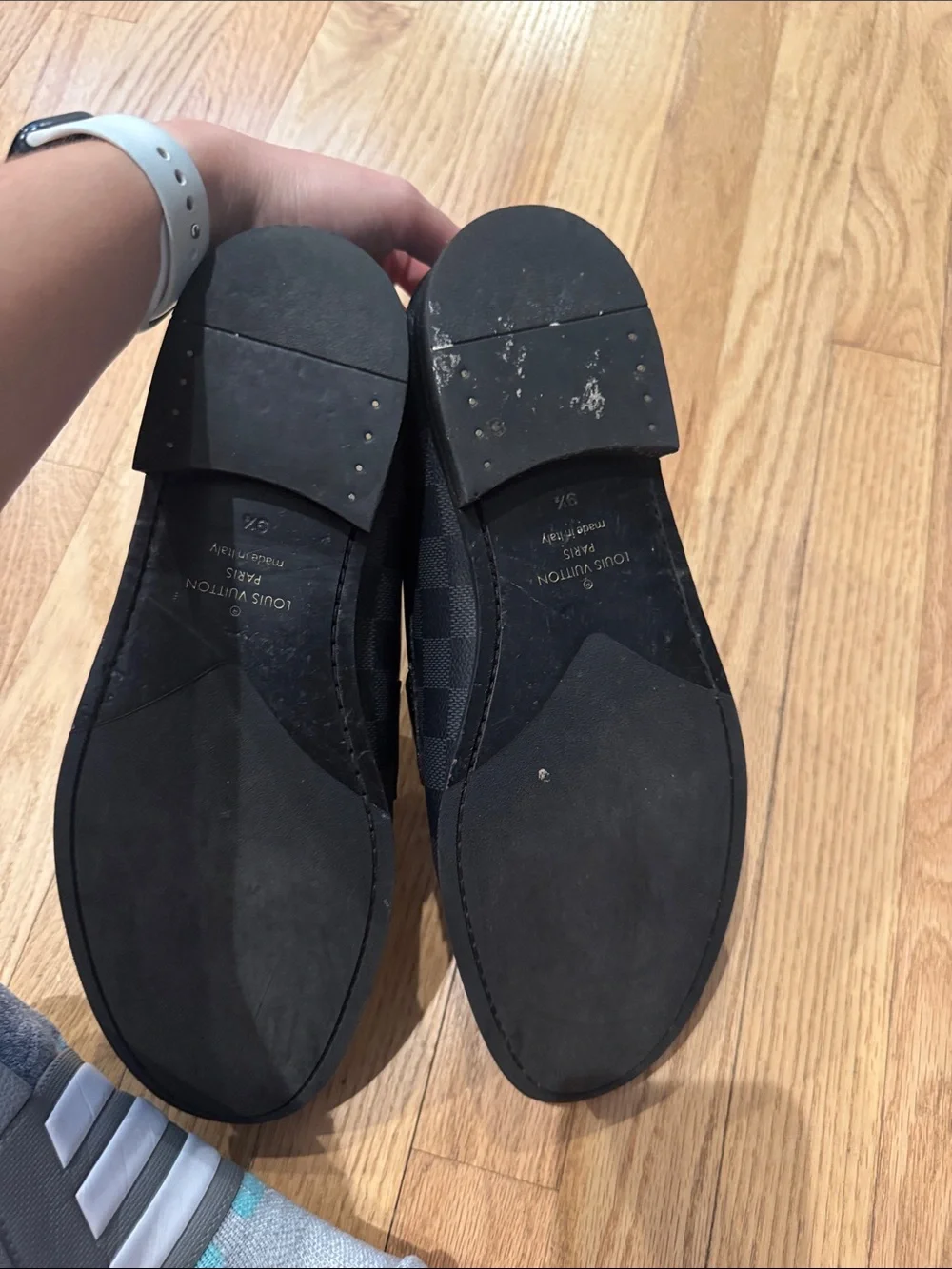 Louis Vuitton Black Damier Pattern Slip-On Loafers with LV Hardware